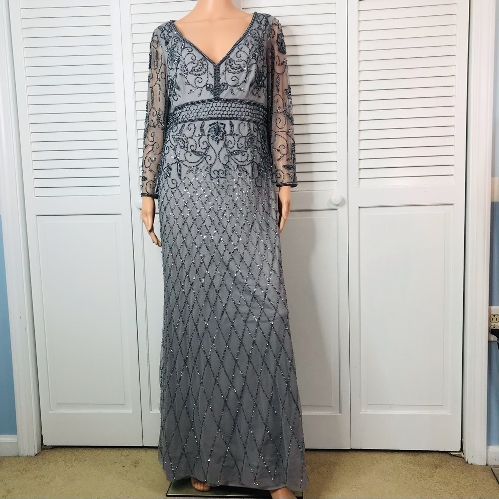 MARINA COUTURE Gray V-Neck Beaded Gown Size 16